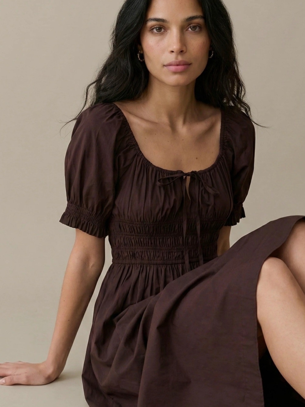 Few Moda Smocked Midi Dress in Rich Chocolate Brown